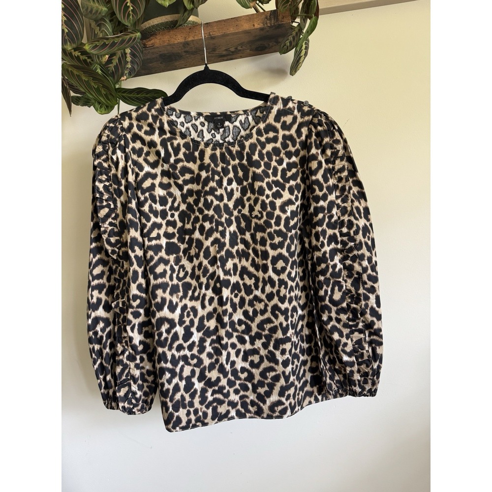 J.Crew Leopard Print Ruffle Sleeve Blouse Button Shoulder Cotton Top Brown S
